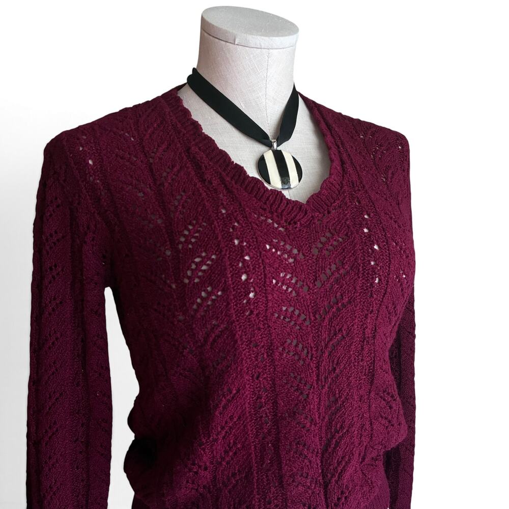Vintage 80s Burgundy Crochet Knit Sweater Medium, Open Weave Ribbed Trim Top - Picture 16 of 16